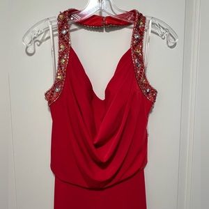 Red Beaded Halter Evening Gown